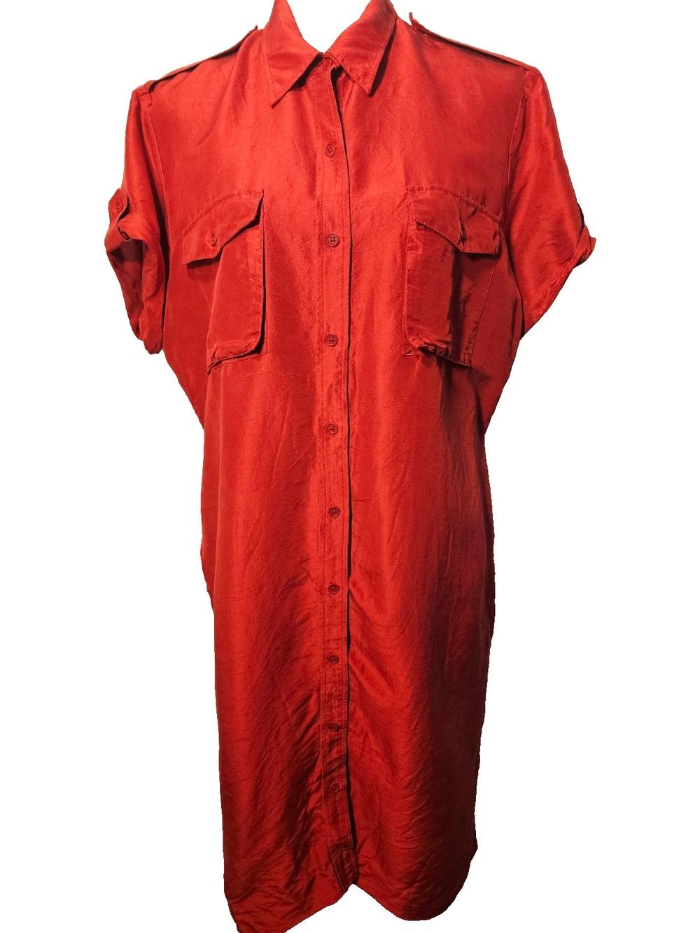 Lauren Ralph Lauren Womens 100% Silk Red Shirt Dress Sz 16 Button Front Classic
